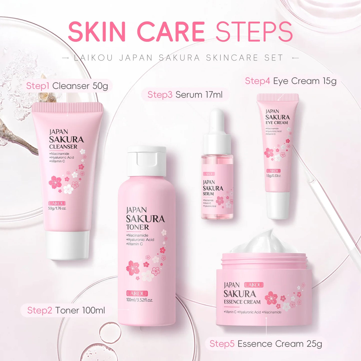 Kit Sakura LAIKOU 5 Piezas - Limpiador, Tóner, Sérum, Contorno y Crema