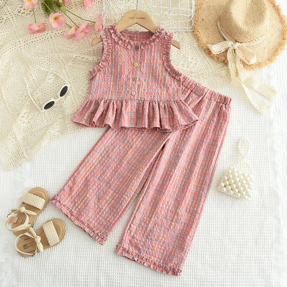 Bear Leader Summer Kids Fashion Outfits Girls Clothing Sets Pink Plaid Sleeveless Top + Wide Leg Pants Lace Two-piece Suits