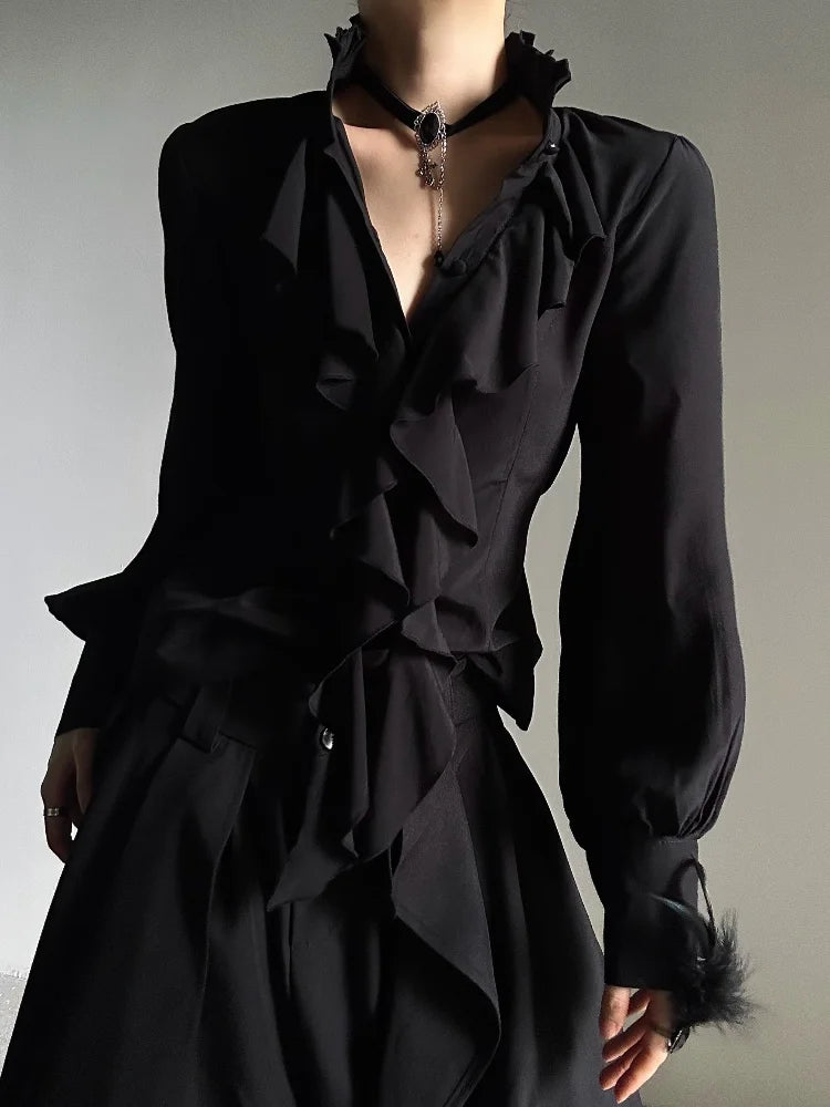 Camisa Vintage Gótica Negra Base Mujer Y2k Harajuku Cuello Alto Volantes Ajustada Blusas Japonesa Elegante Manga Larga Tops Nueva