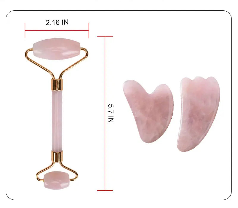 Set Gua Sha Cuarzo Rosa Natural + Rodillo Jade – Masaje Facial y Herramientas Skincare