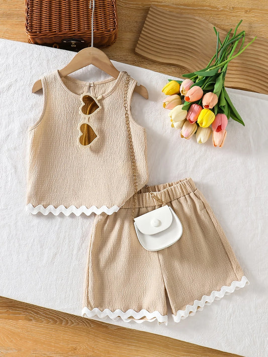 Conjunto Casual de Verano para Niñas: Set de Dos Piezas con Tela Texturizada, Dobladillo en Bloque de Color, Top sin Mangas y Shorts Casuales, para Niñas de 4 a 12 Años, Versátil para Uso en Casa y al Aire Libre