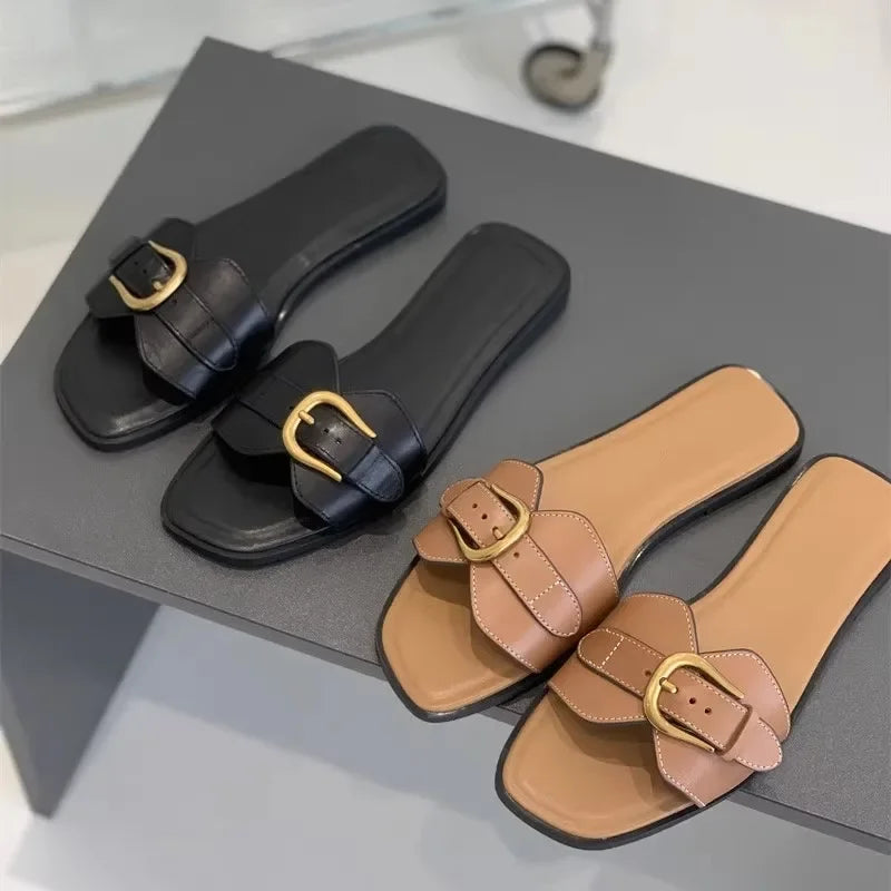 Sandalias Planas Playa Mujer - Hebilla Gladiador Cuero Genuino Verano