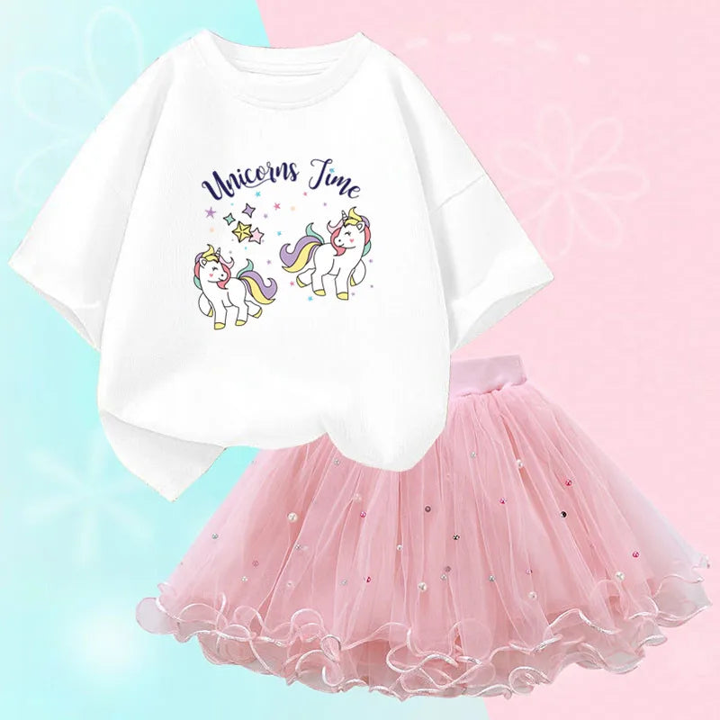 Fashion Summer Girls Clothes Korean Pretty T Shirt&mesh Tutu Skirt Two Piece Outfits Set 3-14 Year Children Party Clothing