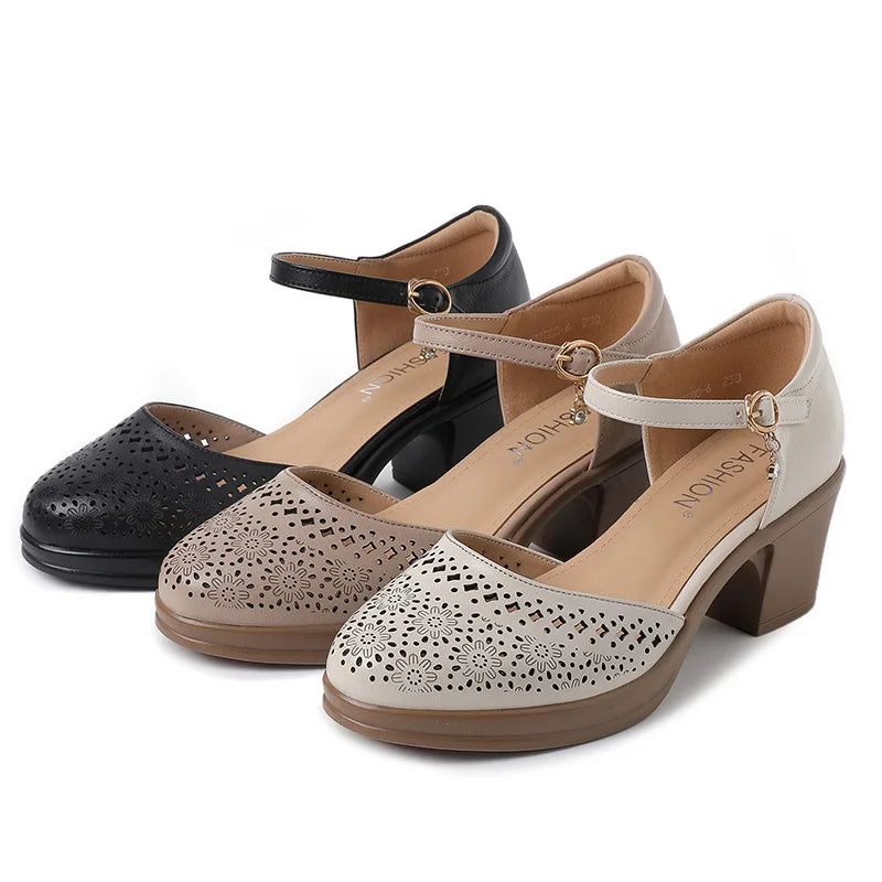 Sandalias Cuero Genuino Tacón Hueco Mujer - Estilo Retro Elegante 2026
