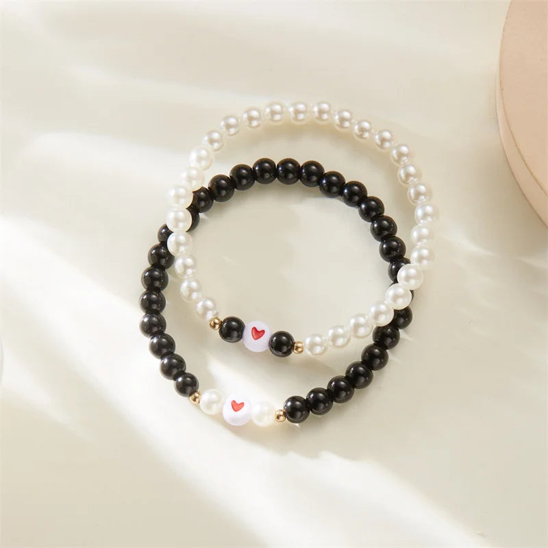 Set 2 Pulseras Pareja Cuentas Corazón San Valentín