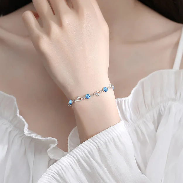 Pulsera Corazón Cristal Azul Estilo Coreano Plata 925 para Mujer