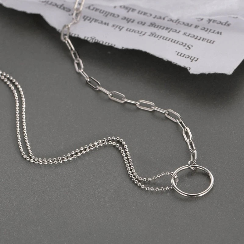 Collar de Plata 925 Asimétrico con Círculo y Cadena - Diseño Moderno para Mujer