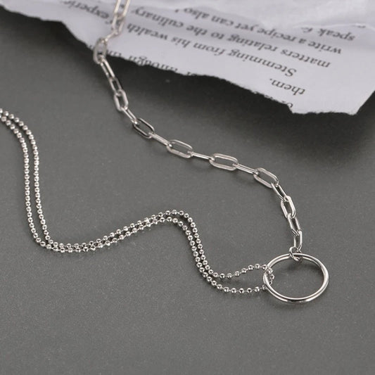 Collar de Plata 925 Asimétrico con Círculo y Cadena - Diseño Moderno para Mujer