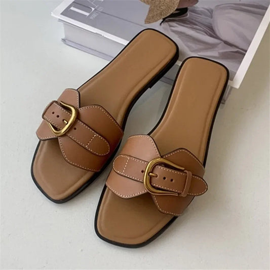 Sandalias Planas Playa Mujer - Hebilla Gladiador Cuero Genuino Verano