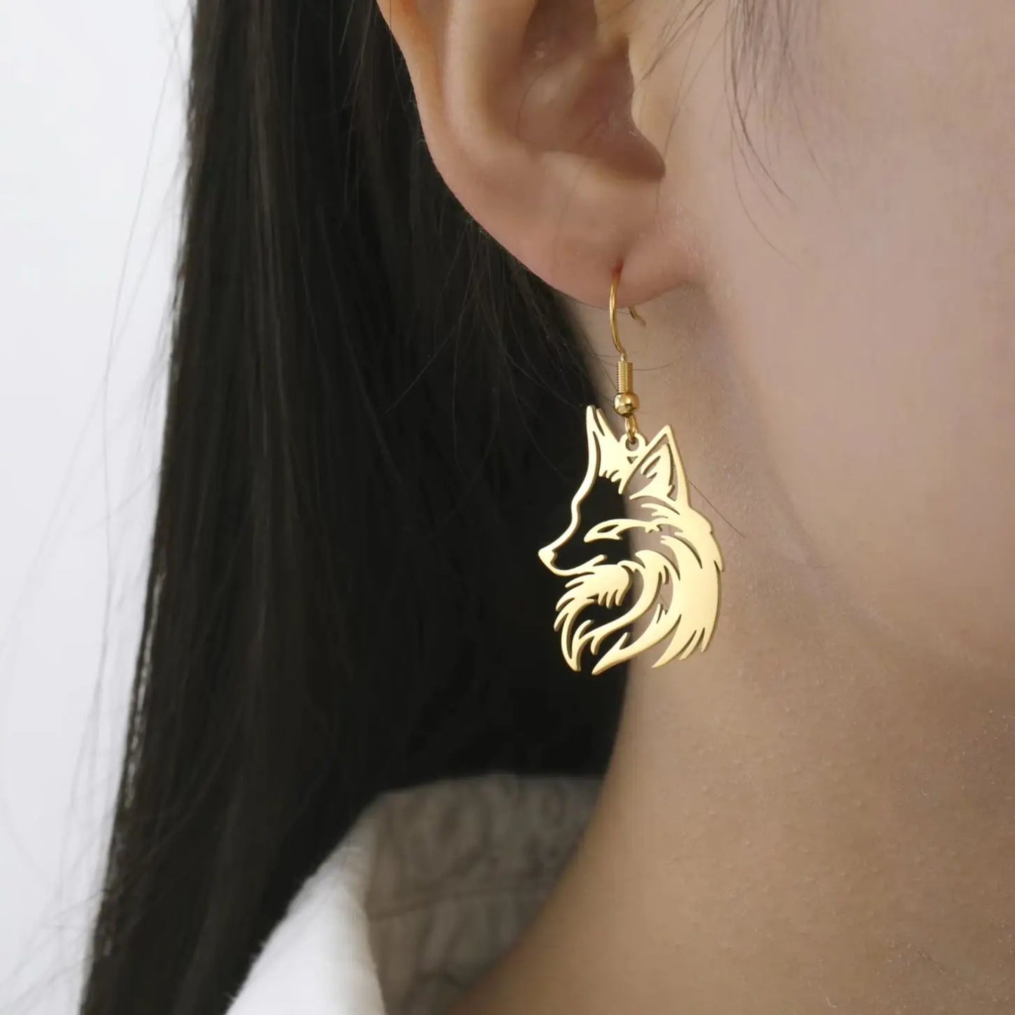 Aretes Colgantes Zorro Acero Inoxidable Dorado