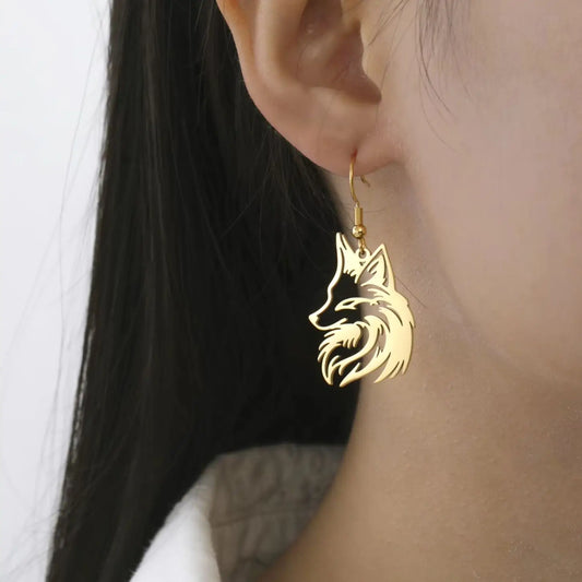 Aretes Colgantes Zorro Acero Inoxidable Dorado