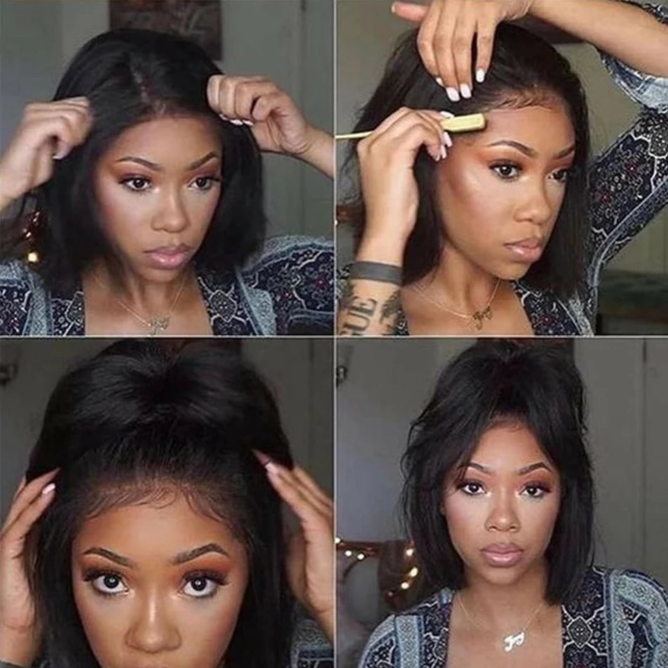300Density Kinky Straight Wear Go Glueless 100% Human Raw Hair Tissage Wig HDTransparent Lace Closure Yaki Bob Wig CheveuxHumain