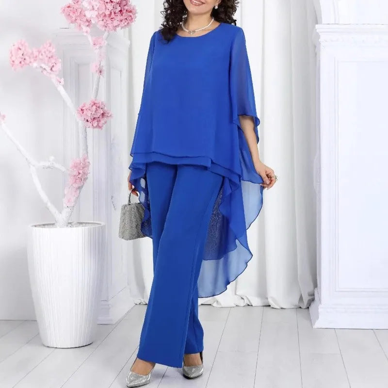Conjunto Elegante 2 Piezas Mujer Chiffón Sólido Manga Media Top Largo con Capas Bordes Volantes y Pantalones Rectos Outfits