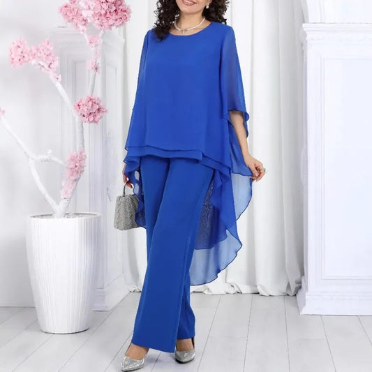 Conjunto Elegante 2 Piezas Mujer Chiffón Sólido Manga Media Top Largo con Capas Bordes Volantes y Pantalones Rectos Outfits