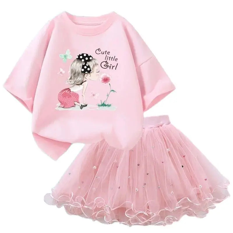 Fashion Summer Girls Clothes Korean Pretty T Shirt&mesh Tutu Skirt Two Piece Outfits Set 3-14 Year Children Party Clothing