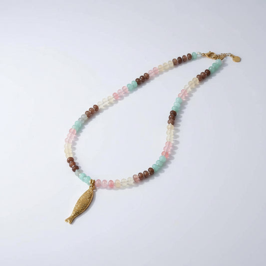 Collar Gargantilla Pez Koi con Perla Natural y Piedra Multicolor - Acero Titanio