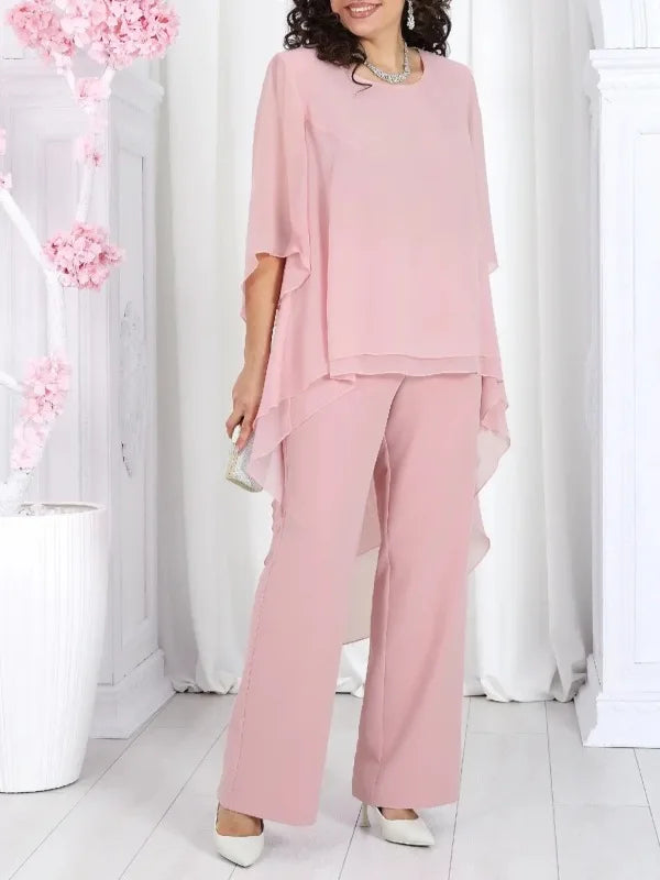Conjunto Elegante 2 Piezas Mujer Chiffón Sólido Manga Media Top Largo con Capas Bordes Volantes y Pantalones Rectos Outfits