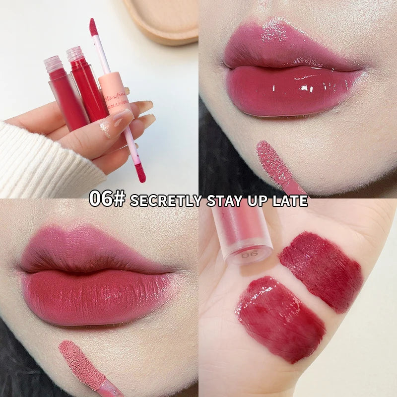 Labial Doble Punta Espejo y Mate Velvet – Brillo Labial 2 en 1 Larga Duración