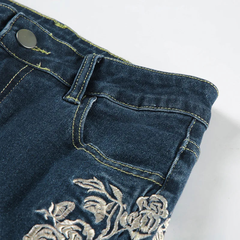 Plant Printed Embroidery Y2K Flare Jeans Women Vintage Skinny Boot Cut Trousers Fashion Street 2000s Denim Pants Fall