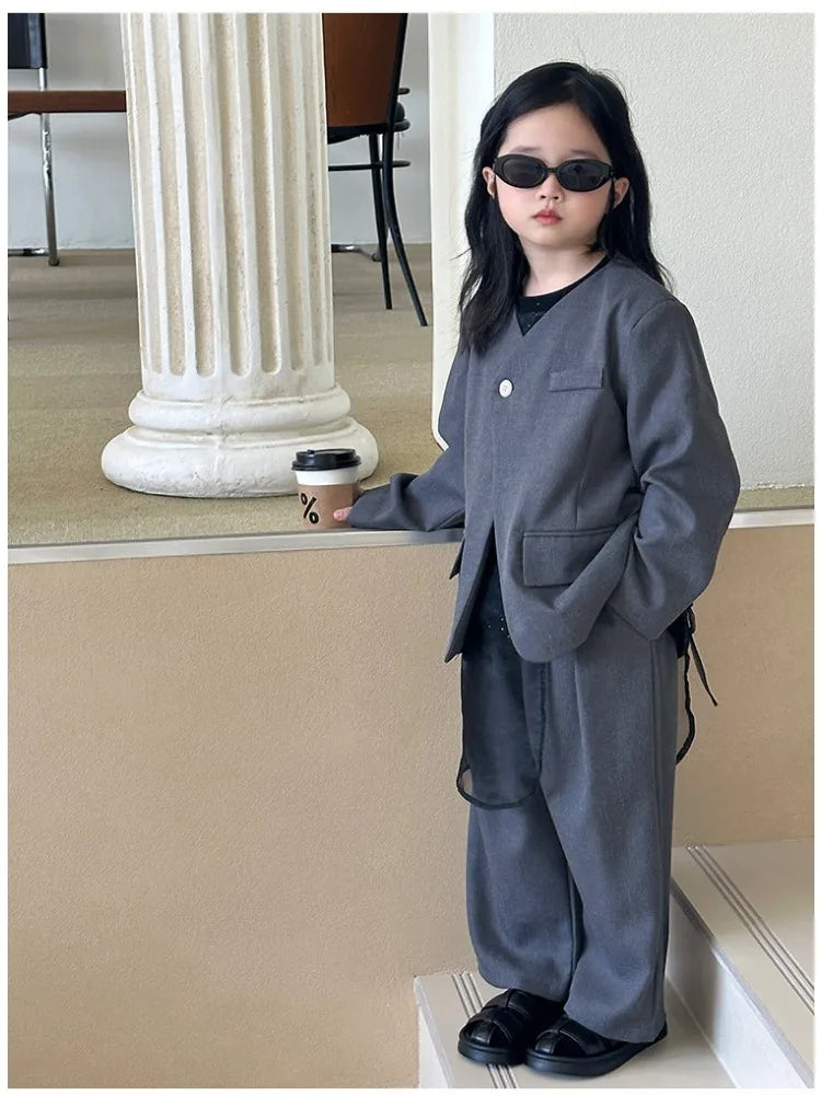 Girls Grey Suit Spring 2026 Casual Loose Blazer Skirt Two Pieces School Uniform for Kids Wedding Party Formal Costumes 2-13 Year