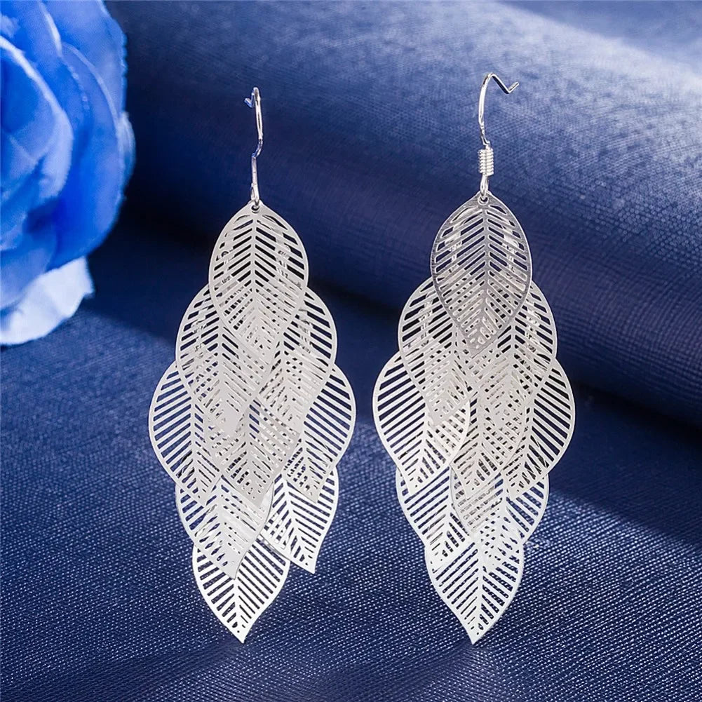 Aretes Largos de Plata 925 con Hojas Caladas y Borla - Diseño en Capas
