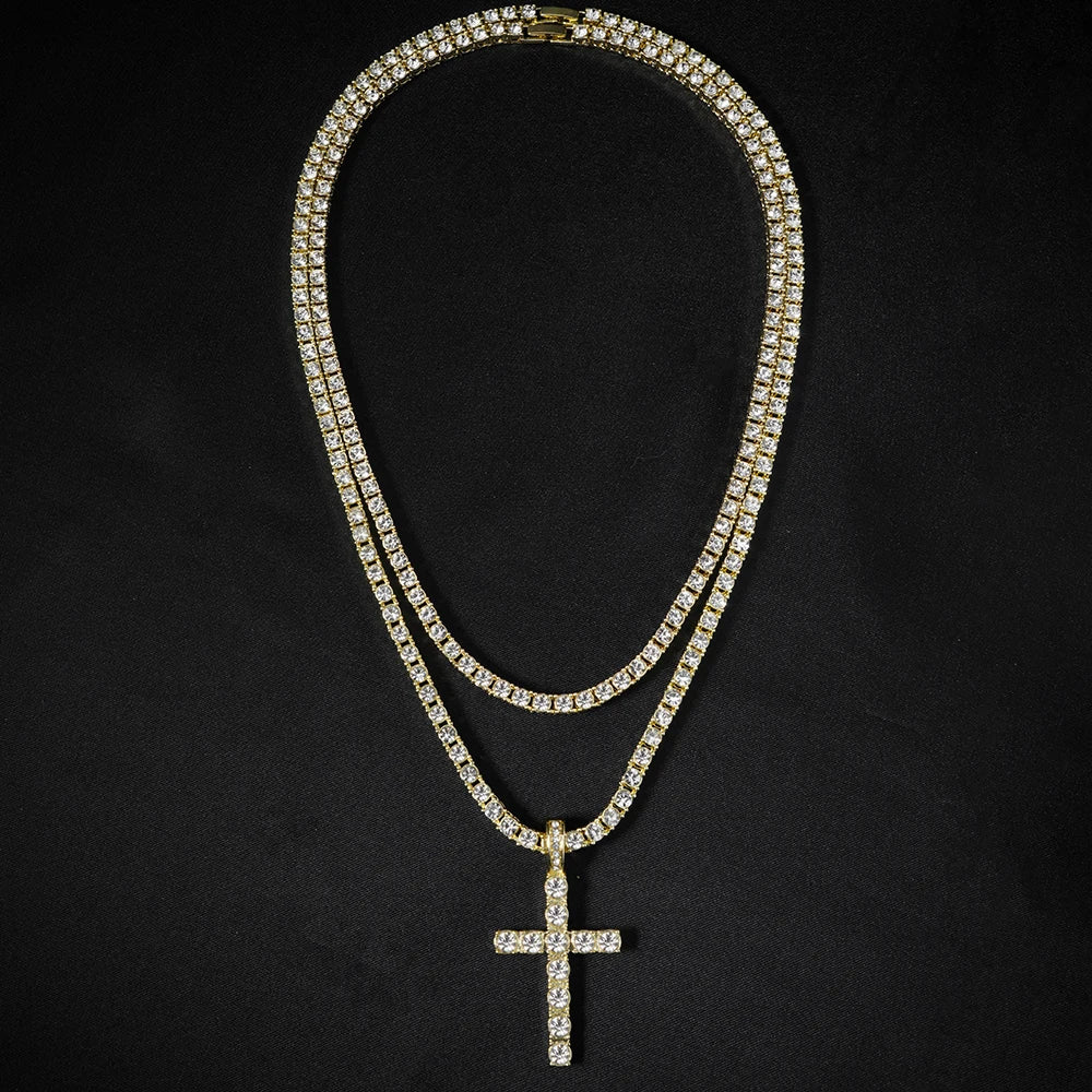 Collar Colgante Cruz Hip Hop con Cadena Tenis Zircon para Hombre y Mujer