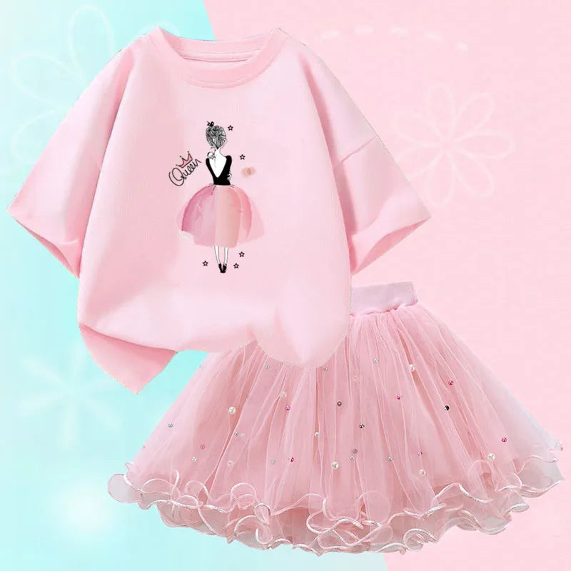 Fashion Summer Girls Clothes Korean Pretty T Shirt&mesh Tutu Skirt Two Piece Outfits Set 3-14 Year Children Party Clothing