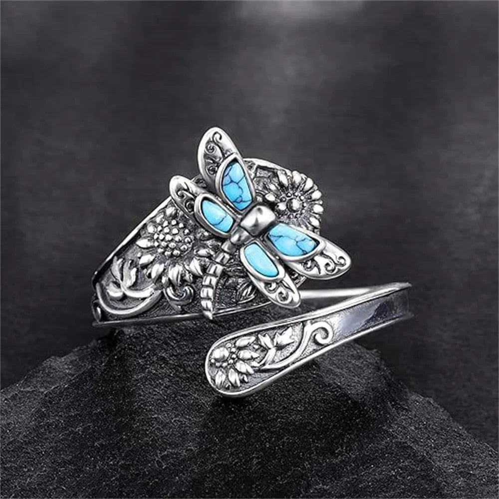 Anillo Vintage Flor Libellúla Ópalo Azul Ajustable Unisex