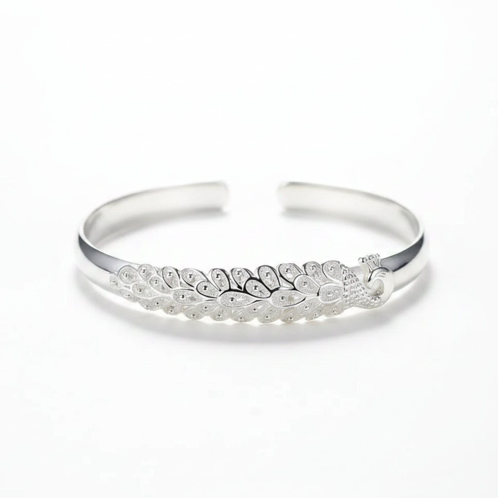 Pulsera Plata 925 Sterling Silver Pavo Real Elegante Apertura - Brazalete Mujer Moda Fiesta Boda Accesorio Regalo