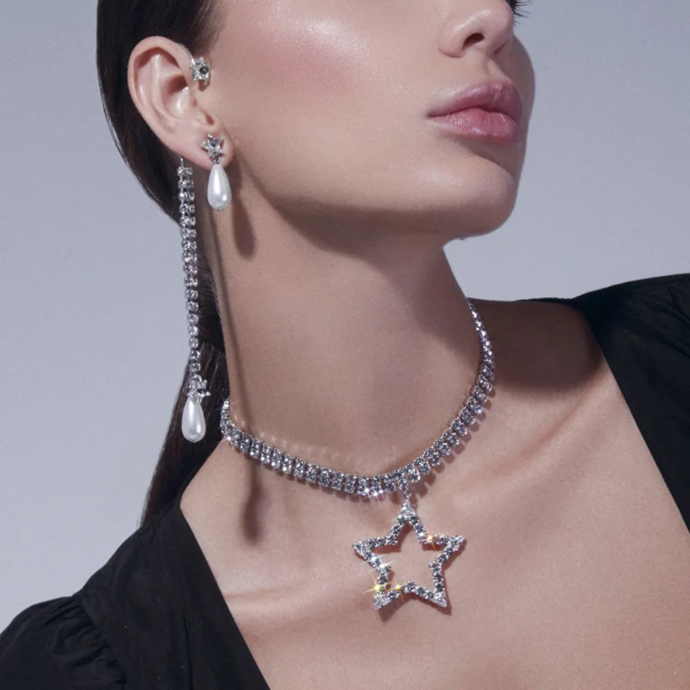 Collar Choker Estrella Brillante Doble Capa Rhinestone para Mujer