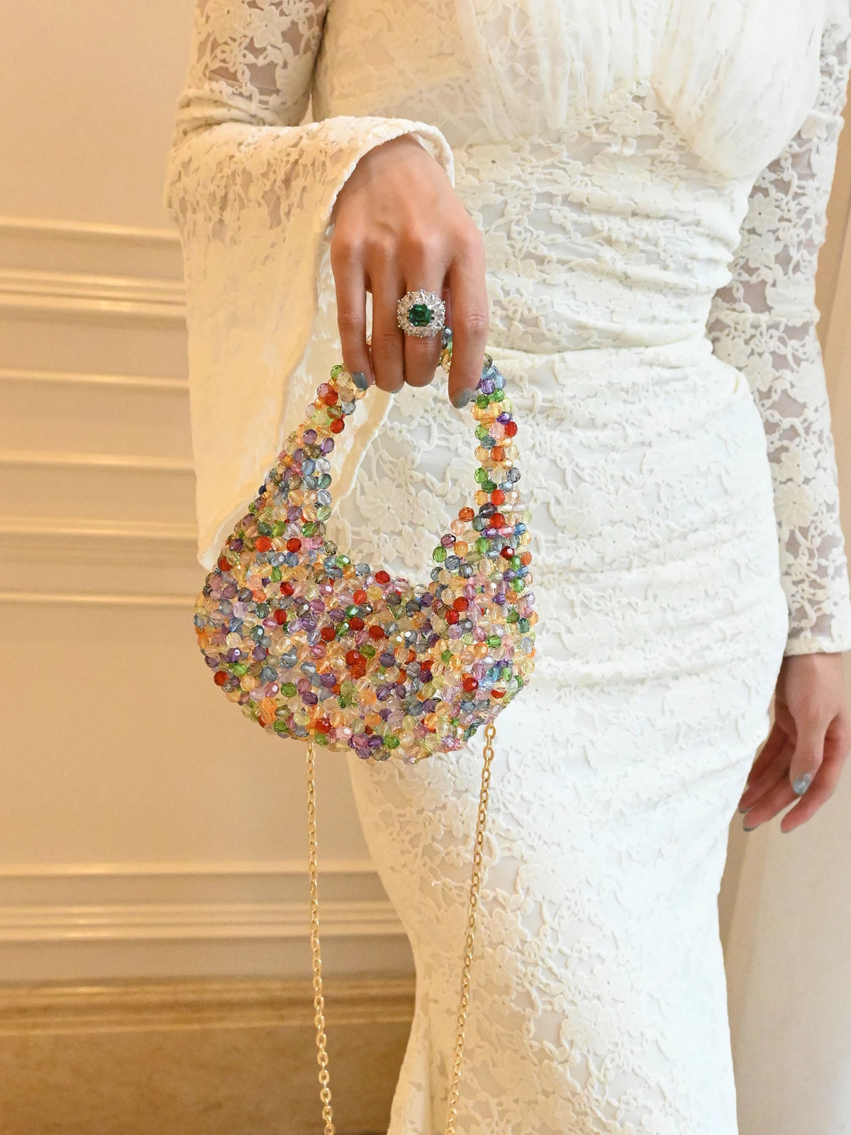 Bolso de Fiesta con Cuentas de Perlas y Cadena
