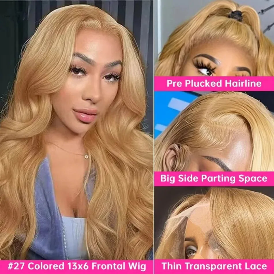 Peluca Frontal de Encaje 13x6 HD Rubia Miel Ondulada – 100% Cabello Humano Brasileño Predesplumada