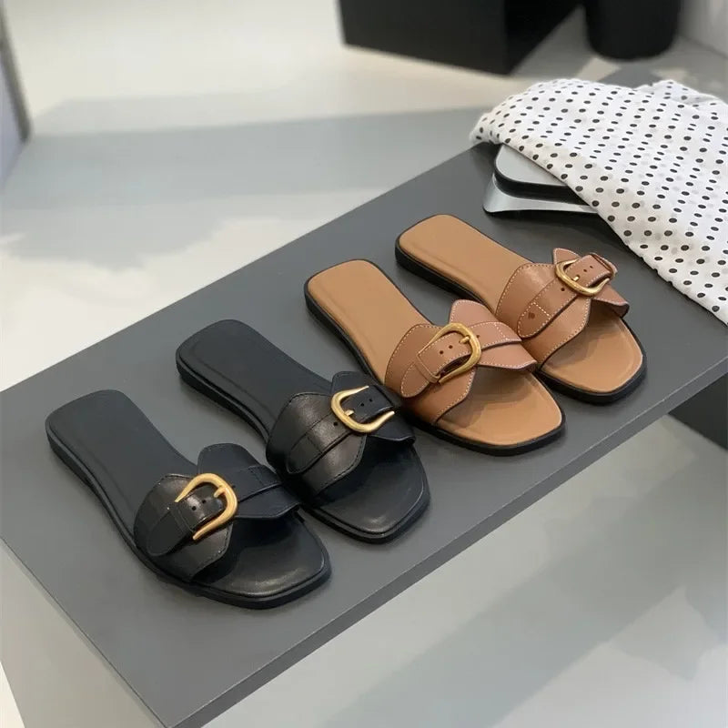 Sandalias Planas Playa Mujer - Hebilla Gladiador Cuero Genuino Verano