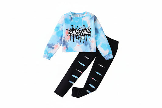 Conjunto 2 Piezas Niña | Top Tie-Dye Manga 3/4 + Pantalón Slim Negro | 8-12 Años