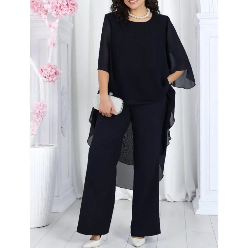 Conjunto Elegante 2 Piezas Mujer Chiffón Sólido Manga Media Top Largo con Capas Bordes Volantes y Pantalones Rectos Outfits