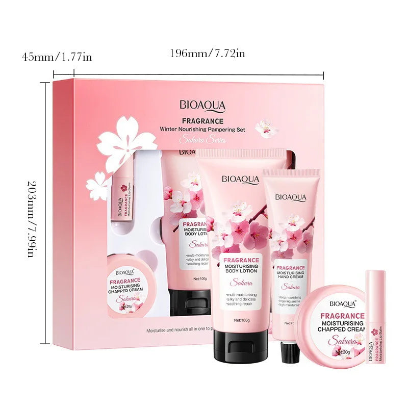 Kit Sakura BIOAQUA 4 Piezas - Crema Corporal, Manos, Labios y Loción