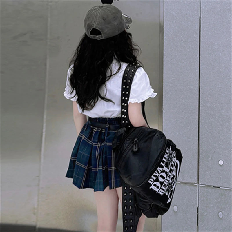 Conjunto Preppy Coreano de Verano para Niña – Blusa + Falda a Cuadros 2 Piezas con Cinturón