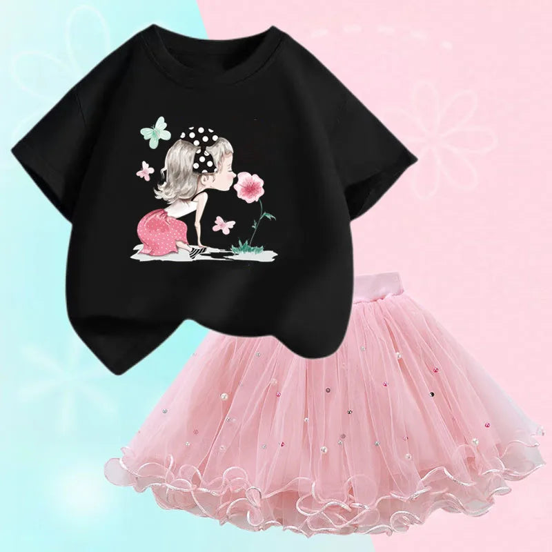 Fashion Summer Girls Clothes Korean Pretty T Shirt&mesh Tutu Skirt Two Piece Outfits Set 3-14 Year Children Party Clothing