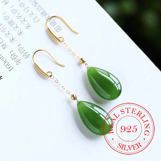 Aretes Gota Jade Natural Vintage Plata 925 para Mujer