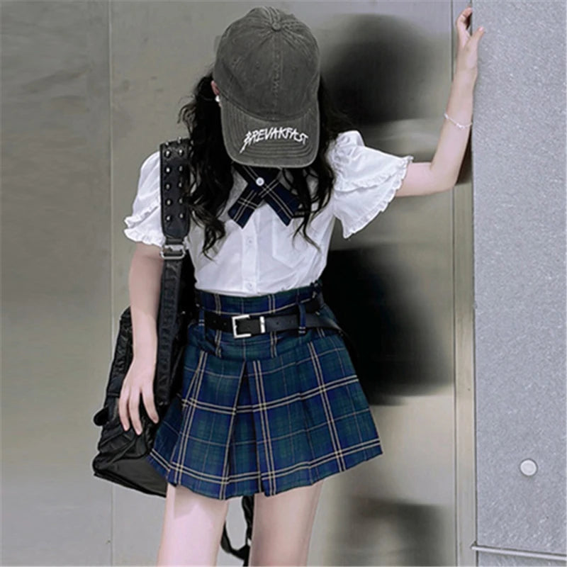 Conjunto Preppy Coreano de Verano para Niña – Blusa + Falda a Cuadros 2 Piezas con Cinturón