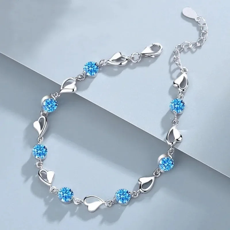 Pulsera Corazón Cristal Azul Estilo Coreano Plata 925 para Mujer