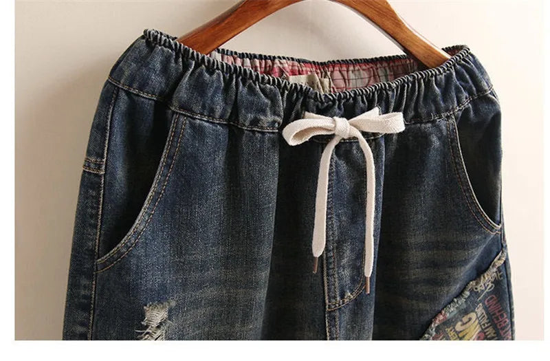 New Women Embroidery Retro Denim Jeans 2024 Spring Autumn High Waist Nine Points Cowboy Trousers Denim Harlan Pants Femme