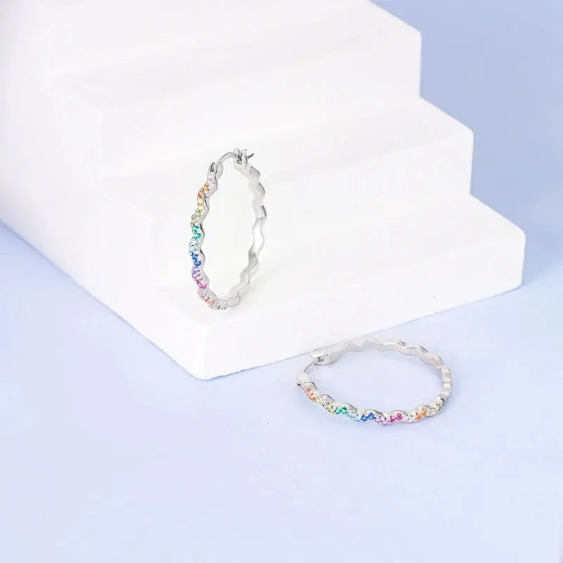 Aretes Aro Redondo Zircón Geométrico Plata 925 para Mujer
