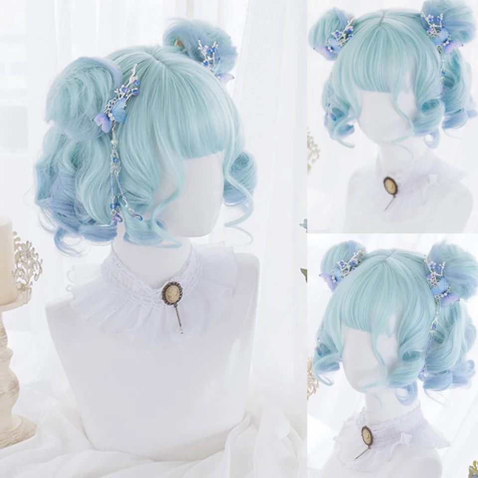 Peluca Sintética Corta con Dobles Coletas Rizadas y Flequillo – Estilo Lolita Cosplay
