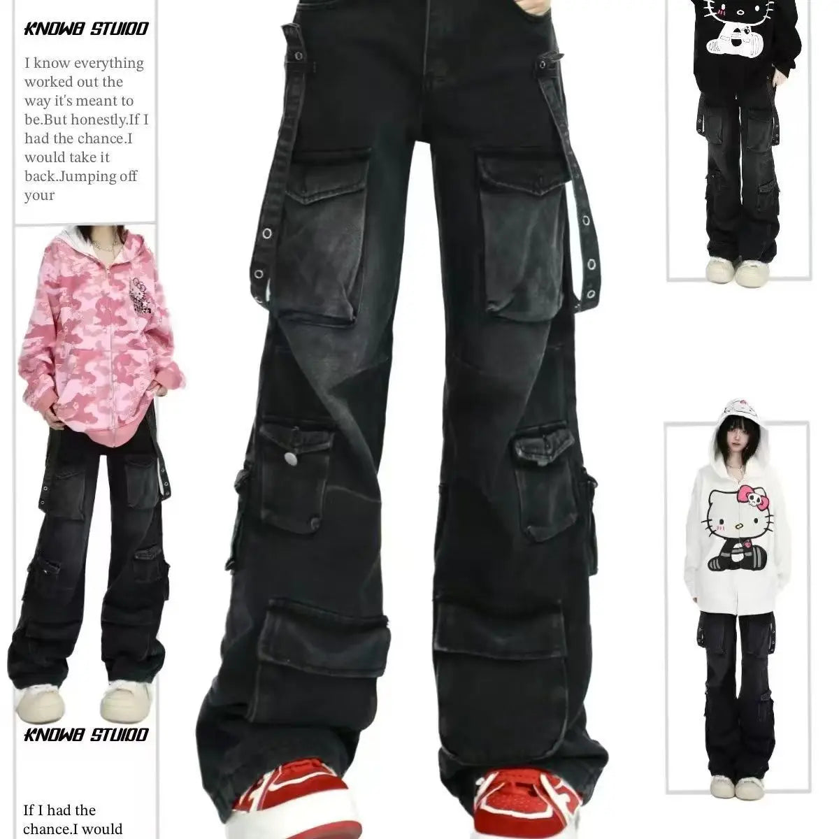 2025 Y2K European and American Harajuku Wide Loose Jeans Wide Legs Gothic Punk Multi-Pocket Hip-hop Washed New High Street Y2k