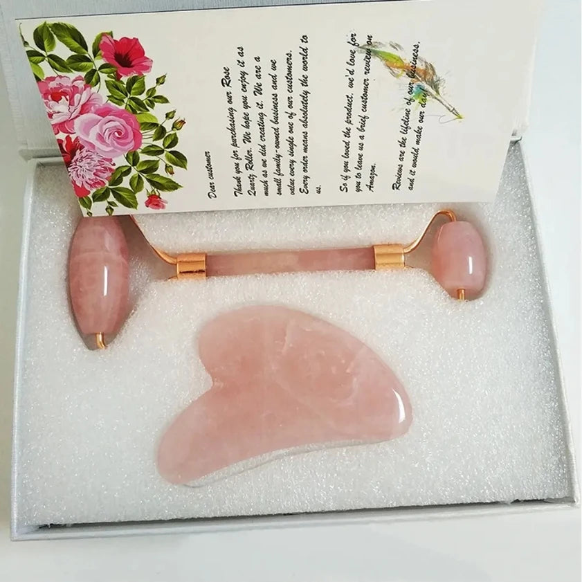 Set Gua Sha Cuarzo Rosa Natural + Rodillo Jade – Masaje Facial y Herramientas Skincare