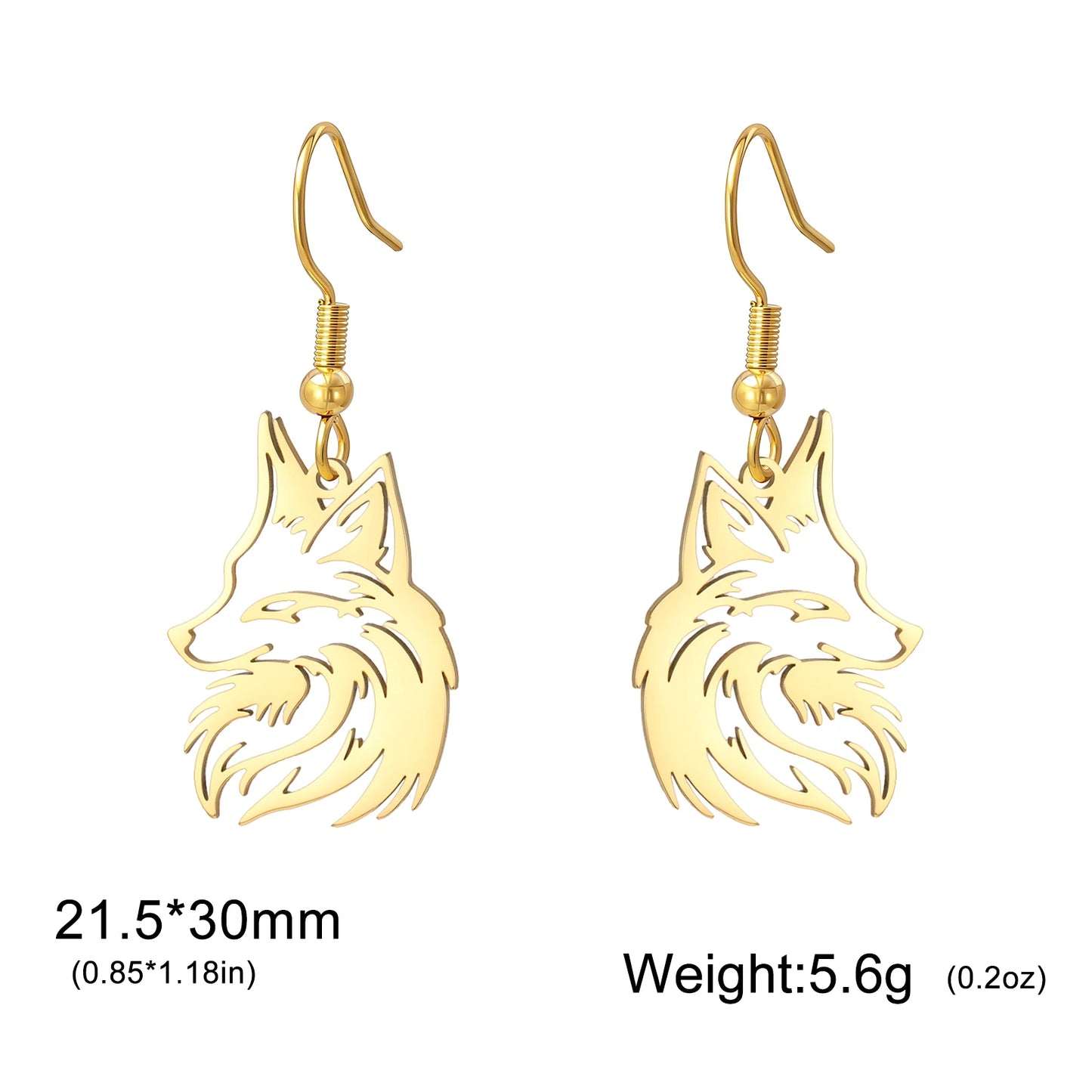 Aretes Colgantes Zorro Acero Inoxidable Dorado