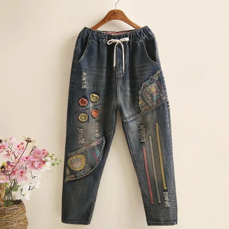 New Women Embroidery Retro Denim Jeans 2024 Spring Autumn High Waist Nine Points Cowboy Trousers Denim Harlan Pants Femme