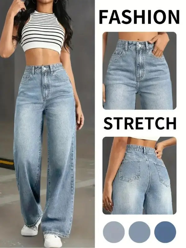 Y2k Jeans Jeans for Woman Classic Blue Elastic Straight Leg Simple Design Retro Style Stretchy Denim Trousers