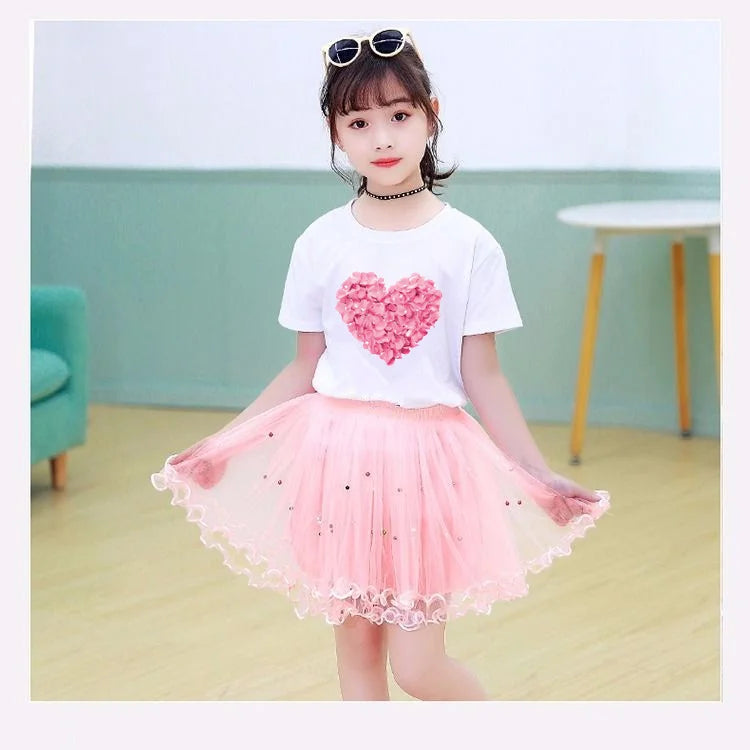 Fashion Summer Girls Clothes Korean Pretty T Shirt&mesh Tutu Skirt Two Piece Outfits Set 3-14 Year Children Party Clothing
